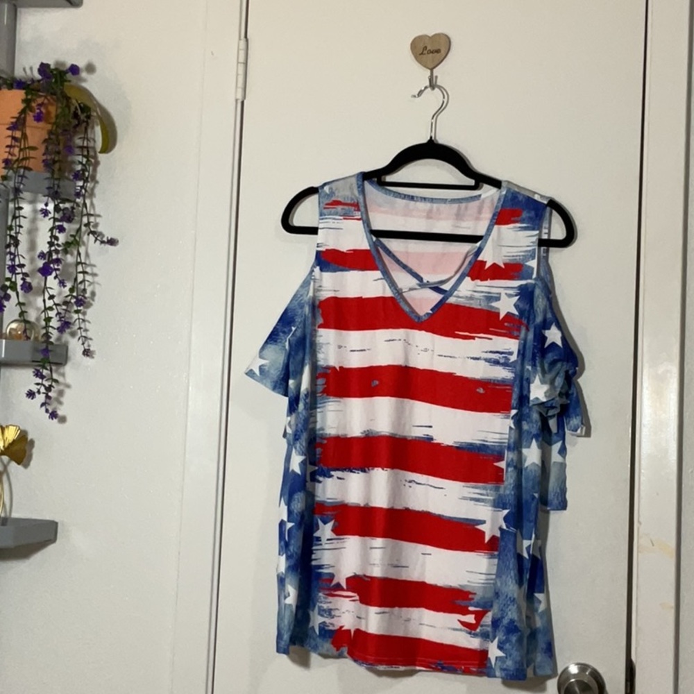 Women's Red and Blue Cold Shoulder Top